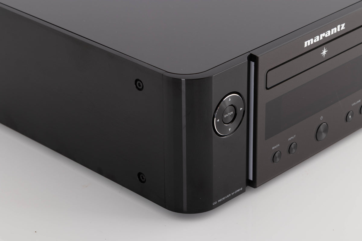 Front left corner view of a used Marantz M-CR612 Network CD Receiver in Black