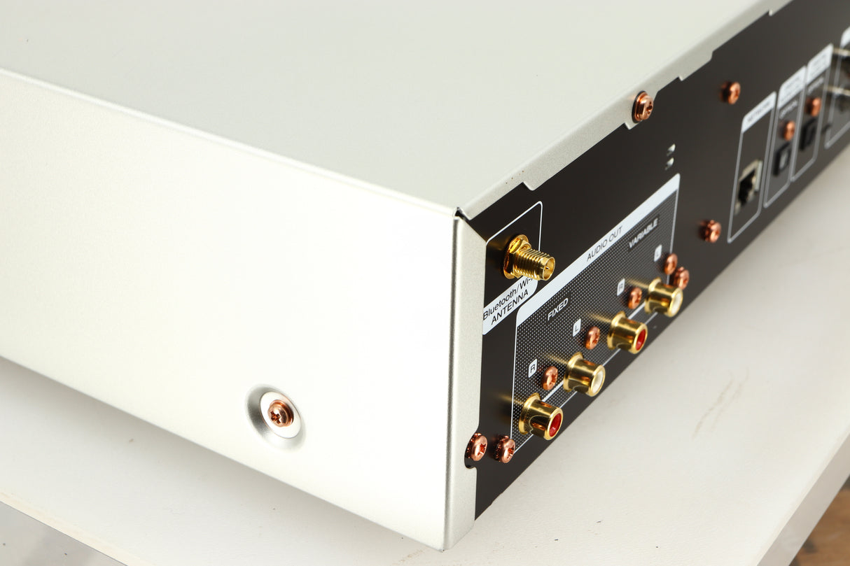 Rear right corner of a used Marantz NA6006 Network Player in a silver finish