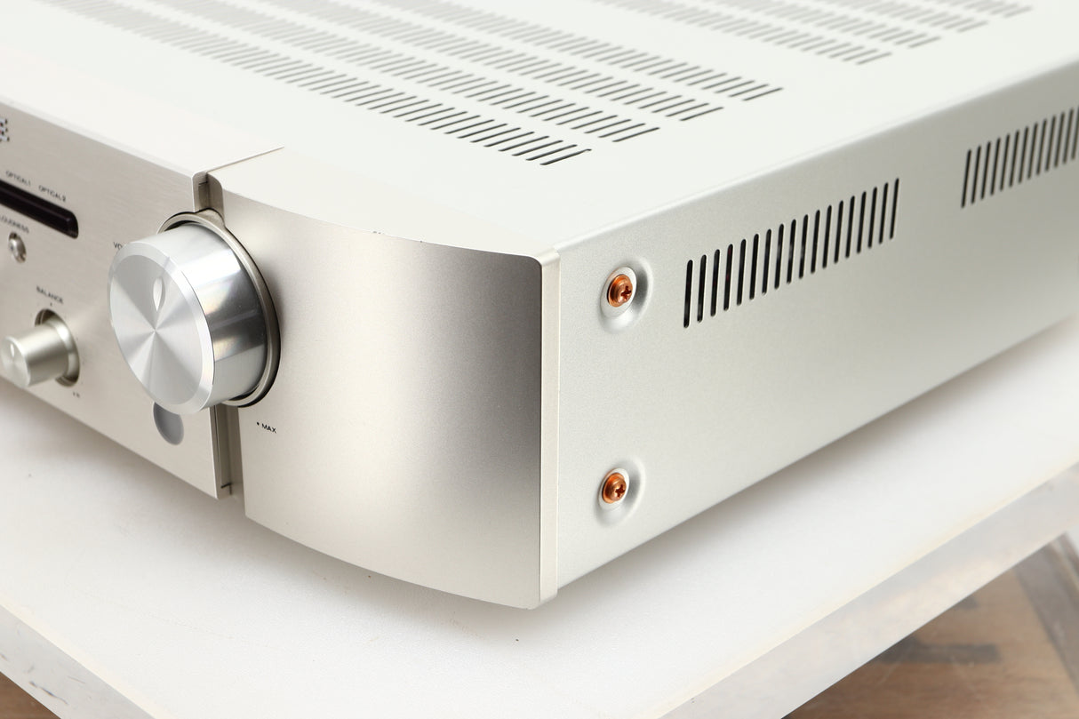 Front right corner view of a used Marantz PM6006 UK Edition Integrated Amplifier in Silver finish