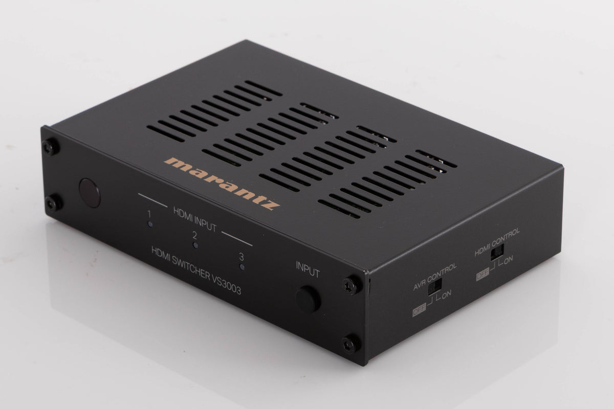 Front right corner of a used Marantz VS3003 3 Port HDMI Switch in a Black finish