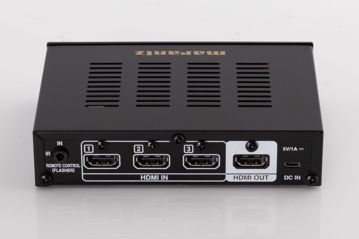 Rear view of a used Marantz VS3003 3 Port HDMI Switch in a Black finish showing HDMI Inputs, HDMI Output and Power Input