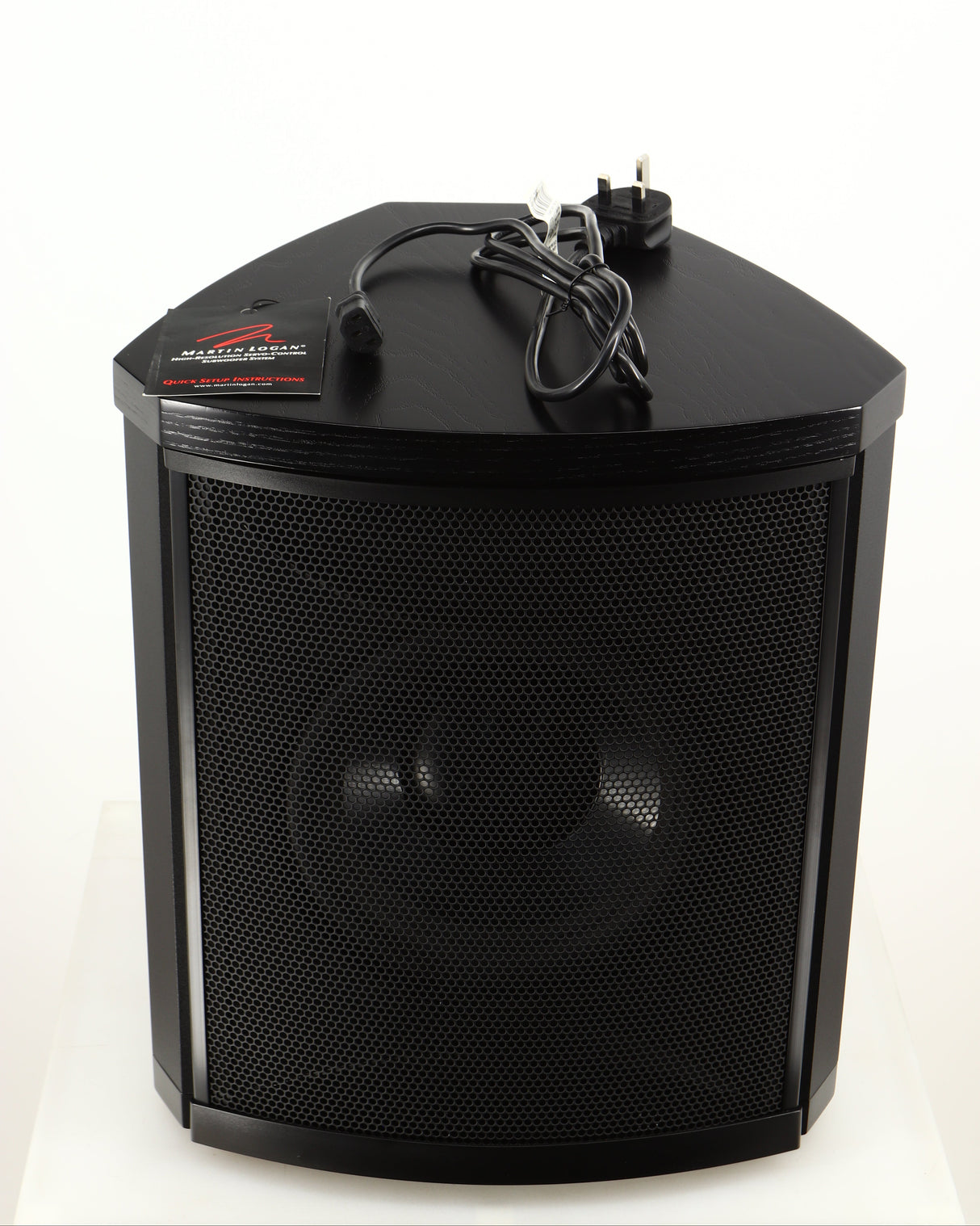 Top of a used Martin Logan Grotto I Subwoofer in a black finish showing Mains Cable