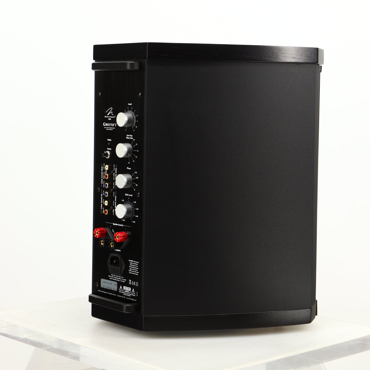 Rear left corner of a used Martin Logan Grotto I Subwoofer in a black finish