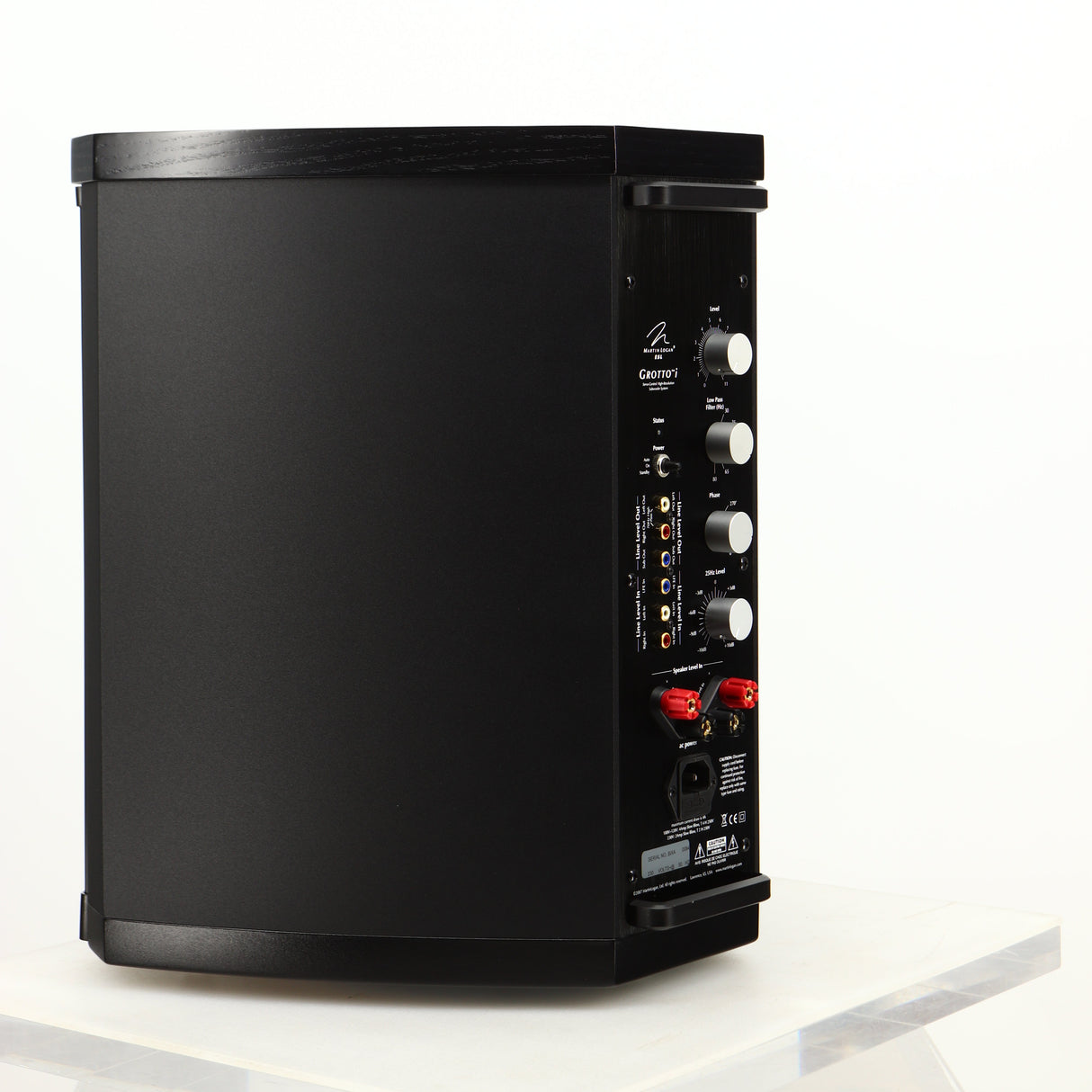 Rear right corner of a used Martin Logan Grotto I Subwoofer in a black finish
