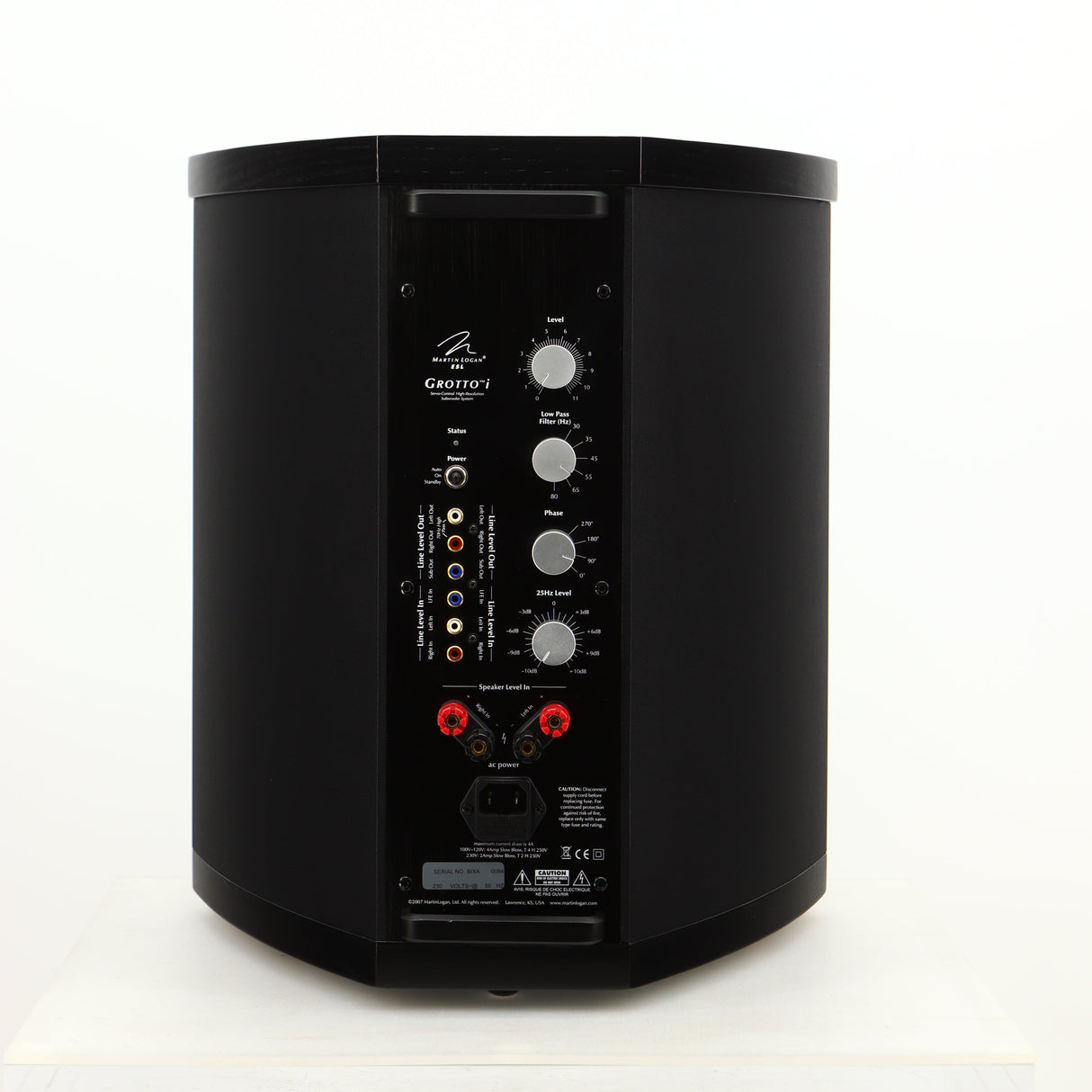Rear view of a used Martin Logan Grotto I Subwoofer in a black finish showing Mains Input, Speaker Inputs, Phono Inputs and Phono Outputs
