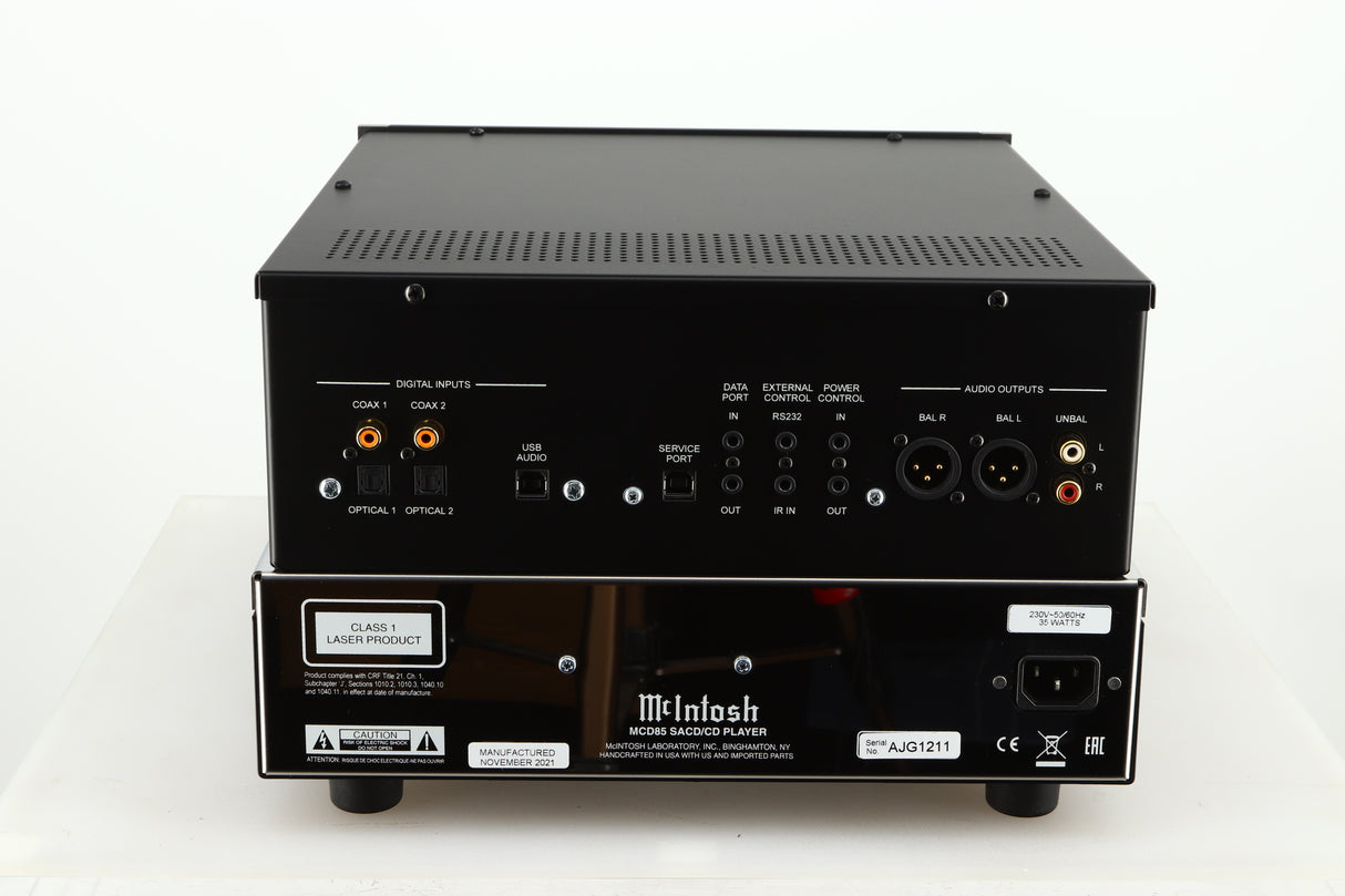 Rear view of a used McIntosh MCD85 CD / SACD Player in a silver / black finish showing Mains Input, Optical Input and Phono Inputs
