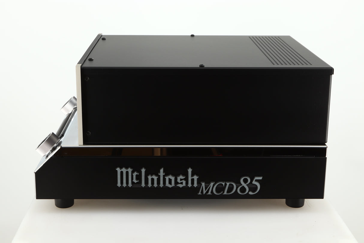 Right side view of a used McIntosh MCD85 CD / SACD Player in a silver / black finish