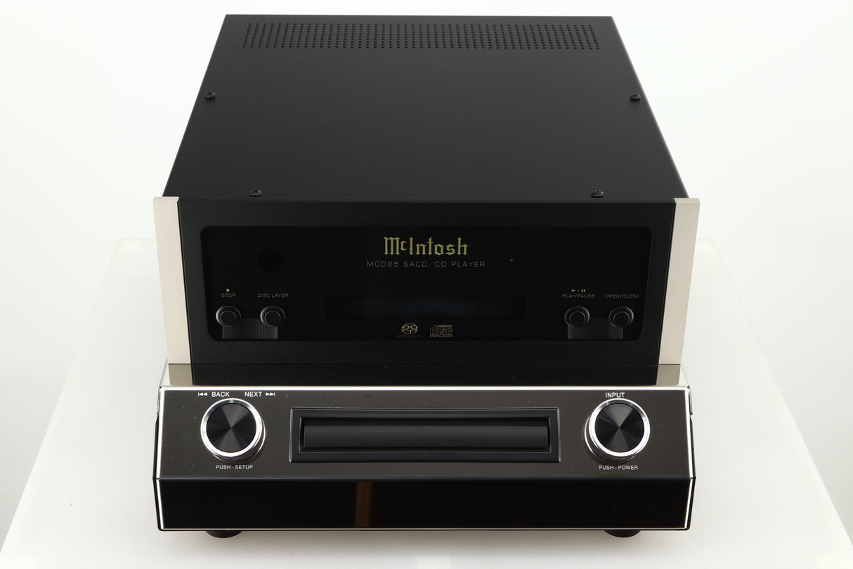 Top of a used McIntosh MCD85 CD / SACD Player in a silver / black finish
