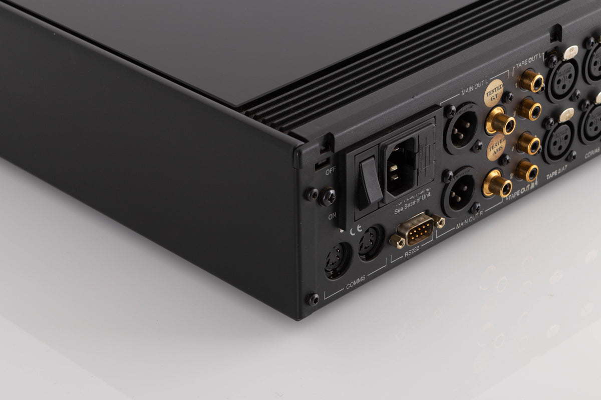 Rear left corner view of a used Meridian 502 Pre Amplifier