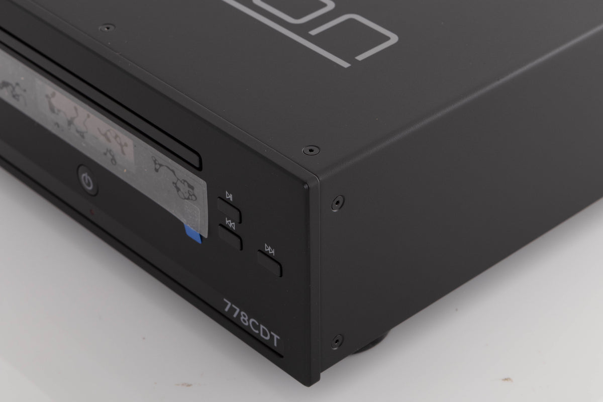 Front right corner of a used Mission 778CDT CD Transport in a Black finish