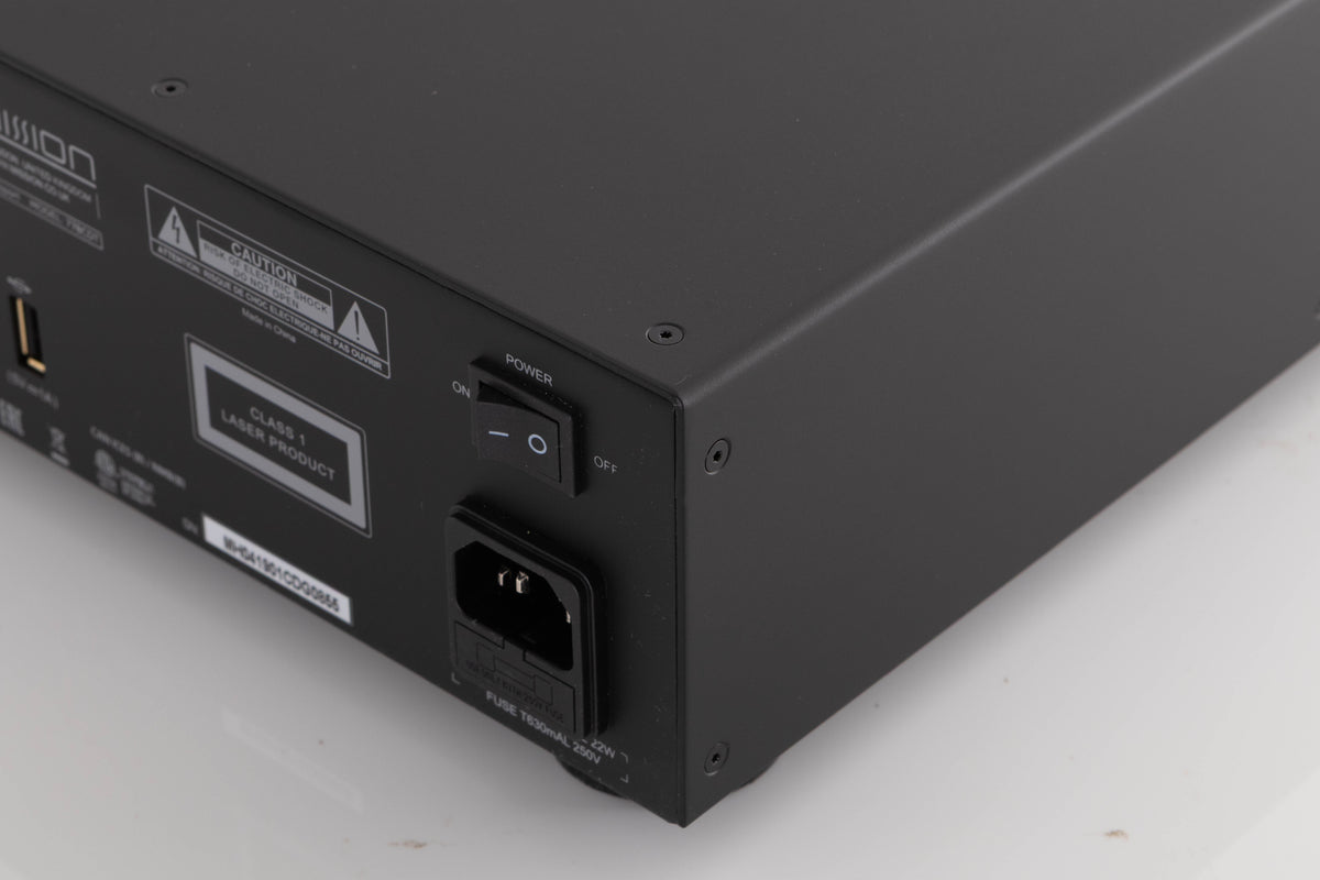 Rear left corner of a used Mission 778CDT CD Transport in a Black finish