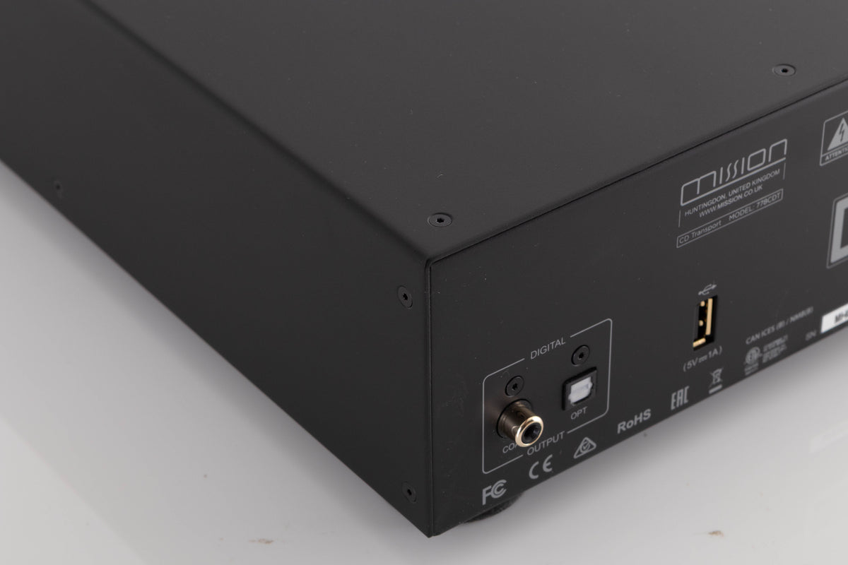 Rear right corner of a used Mission 778CDT CD Transport in a Black finish