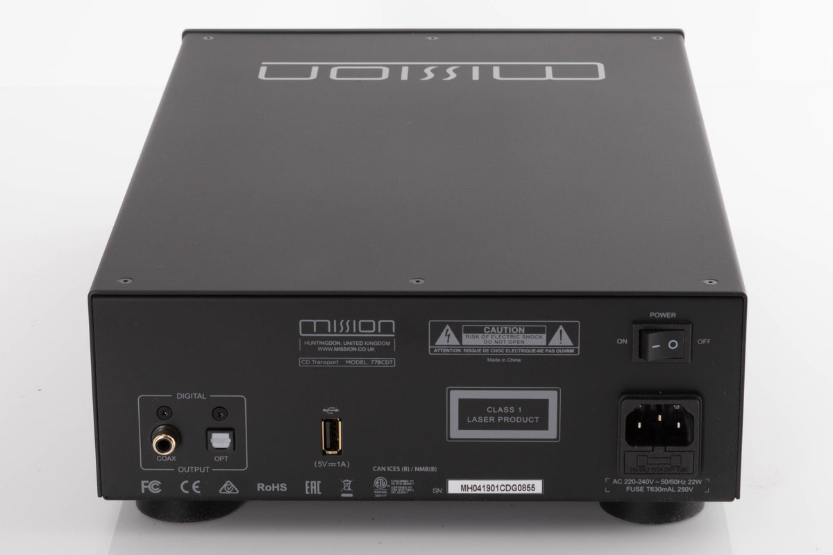 Rear view of a used Mission 778CDT CD Transport in a Black finish showing Mains Input, USB Input, Optical Output and Coaxial Output