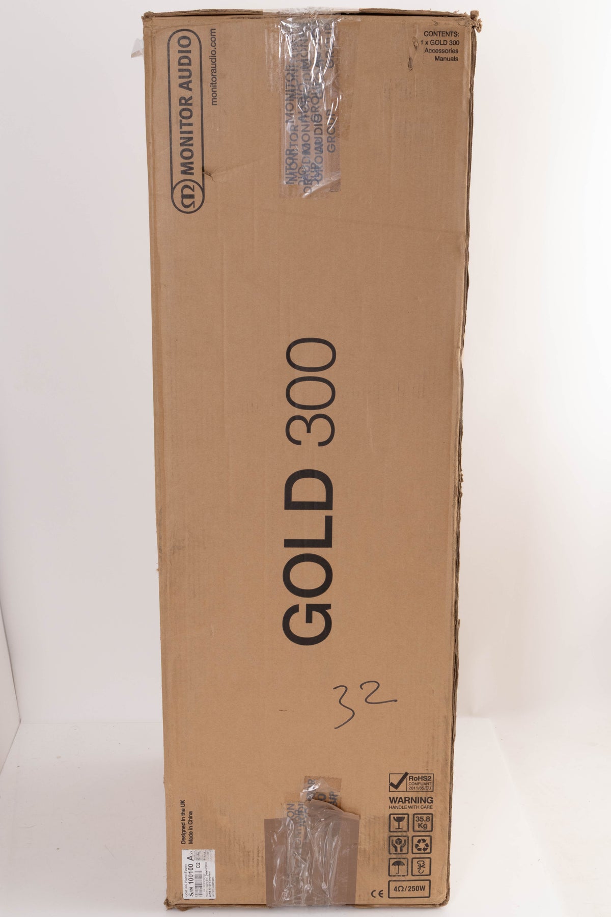 Box of a used Monitor Audio Gold 300 Floorstanding Speakers in Piano Ebony