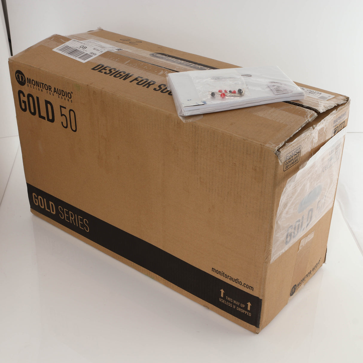 Box for a used Monitor Audio Gold 50 Standmount Speakers in a piano ebony finish
