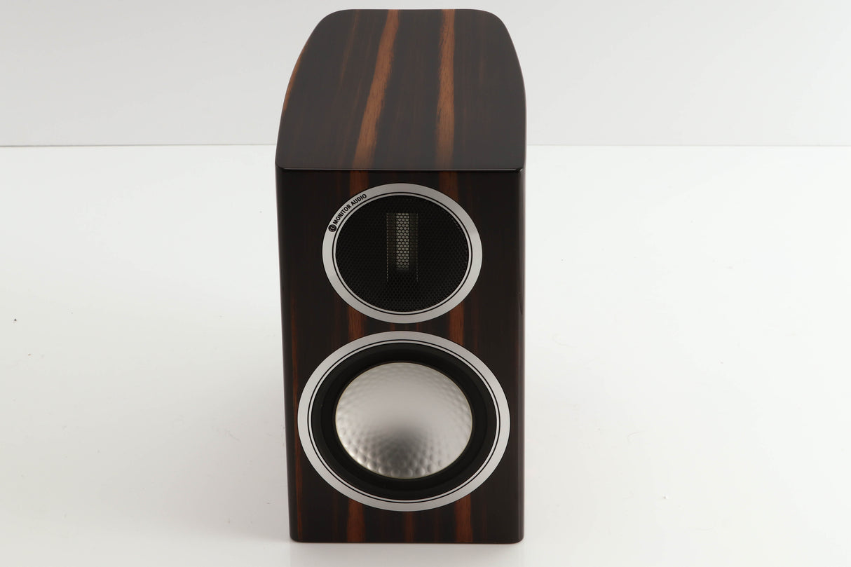 Front view of a used Monitor Audio Gold 50 Standmount Speakers in a piano ebony finish