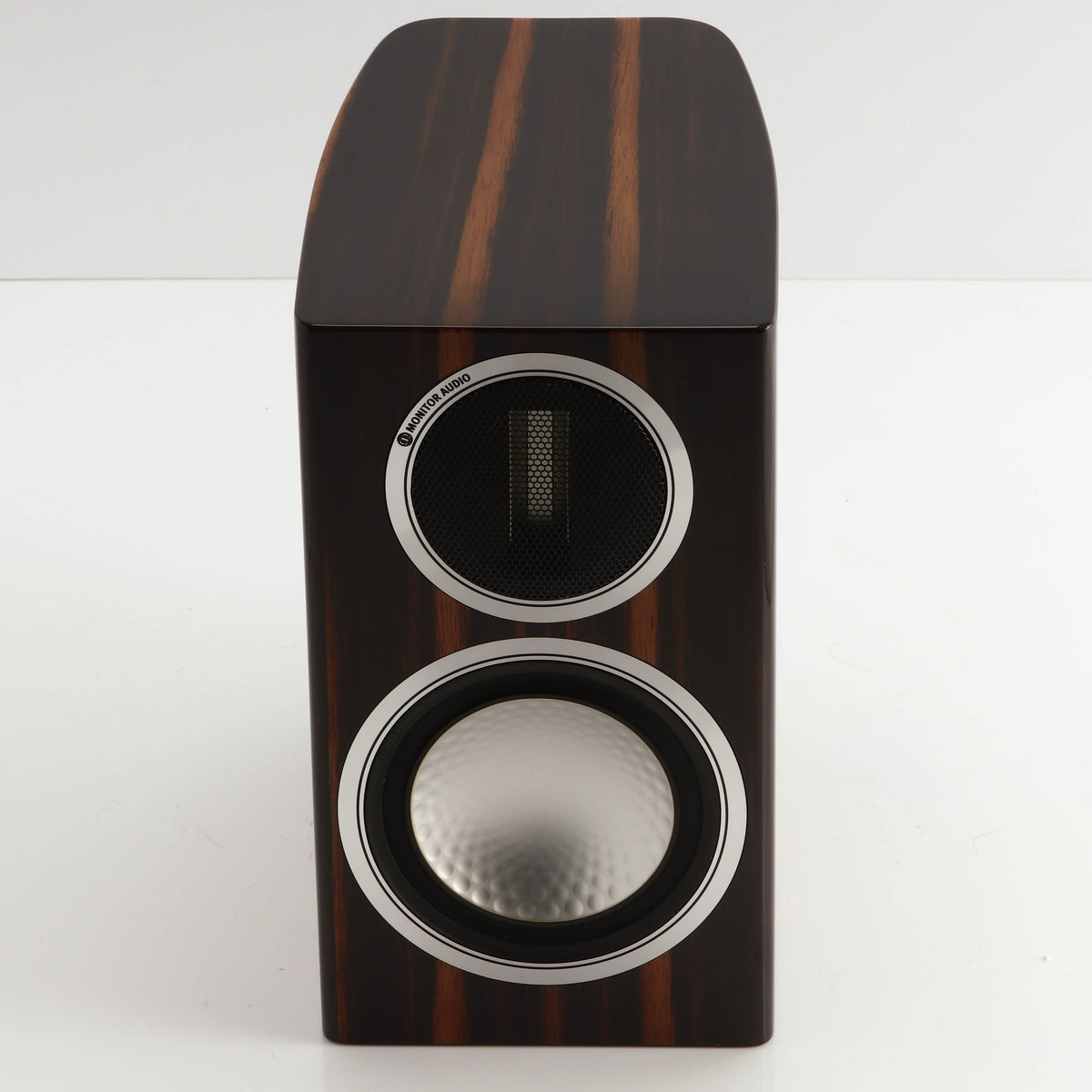 Front view of a used Monitor Audio Gold 50 Standmount Speakers in a piano ebony finish