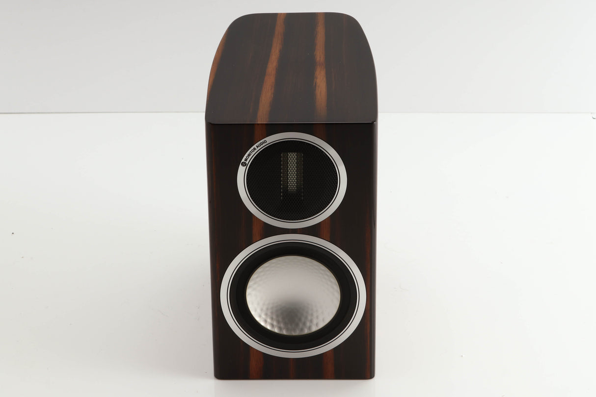 Front view of a used Monitor Audio Gold 50 Standmount Speakers in a piano ebony finish