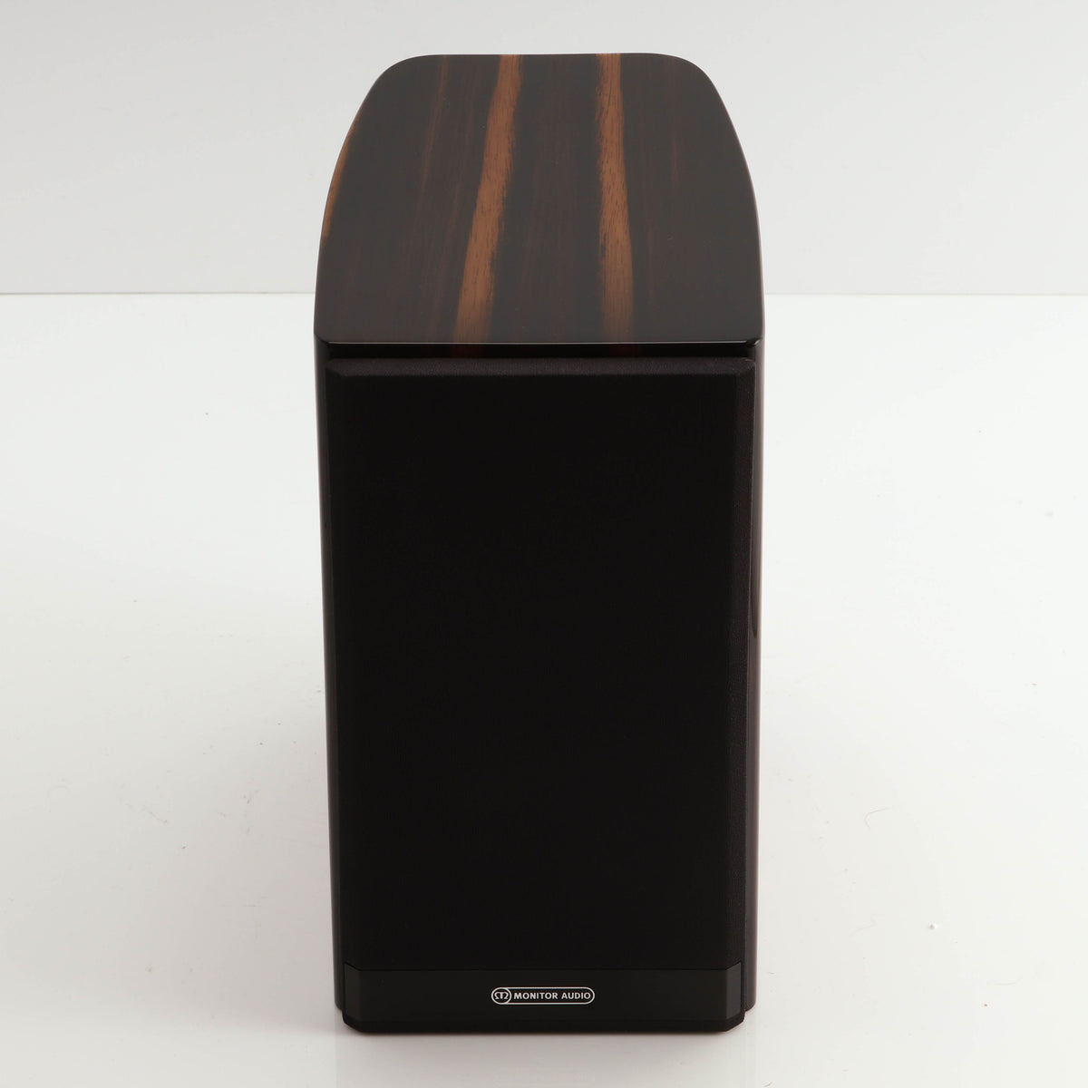 Front view of a used Monitor Audio Gold 50 Standmount Speakers in a piano ebony finish showing Grille