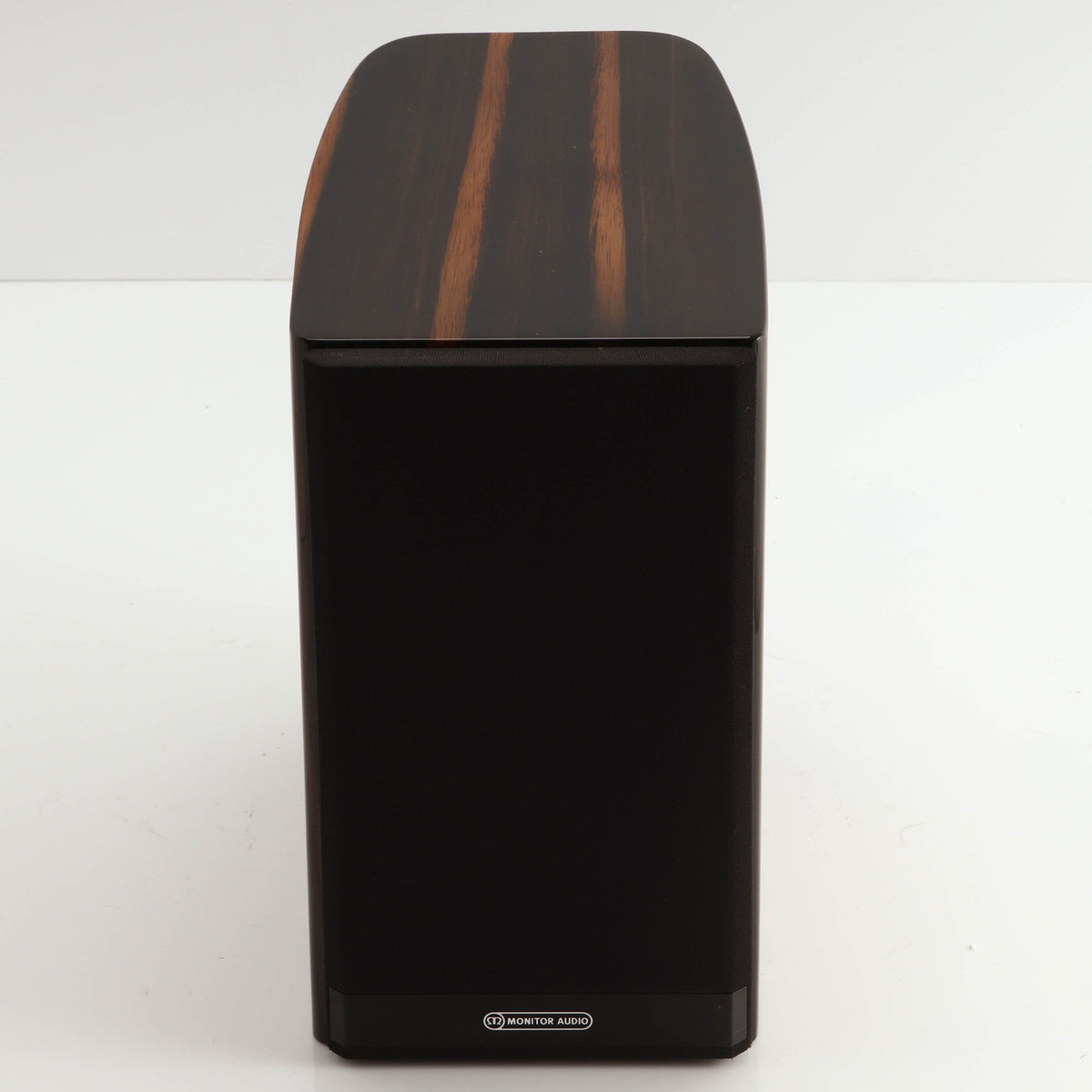 Front view of a used Monitor Audio Gold 50 Standmount Speakers in a piano ebony finish showing Grille