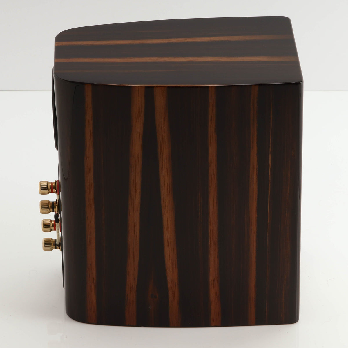 Left side view of a used Monitor Audio Gold 50 Standmount Speakers in a piano ebony finish