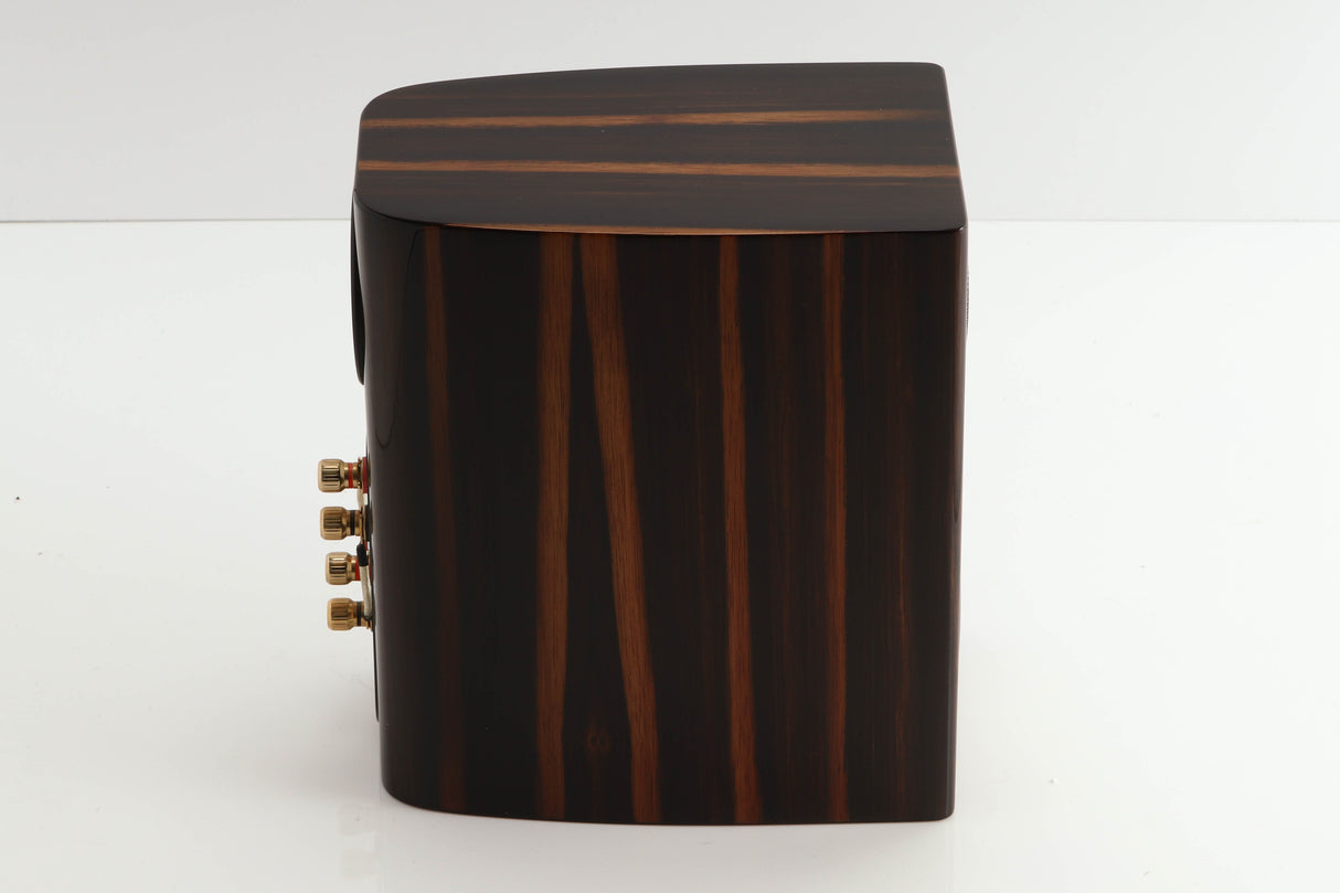 Left side view of a used Monitor Audio Gold 50 Standmount Speakers in a piano ebony finish