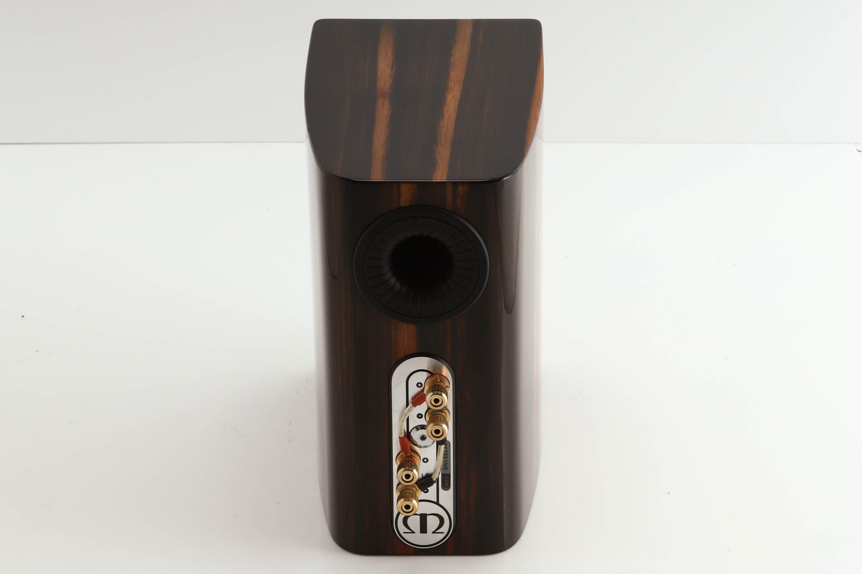 Rear view of a used Monitor Audio Gold 50 Standmount Speakers in a piano ebony finish