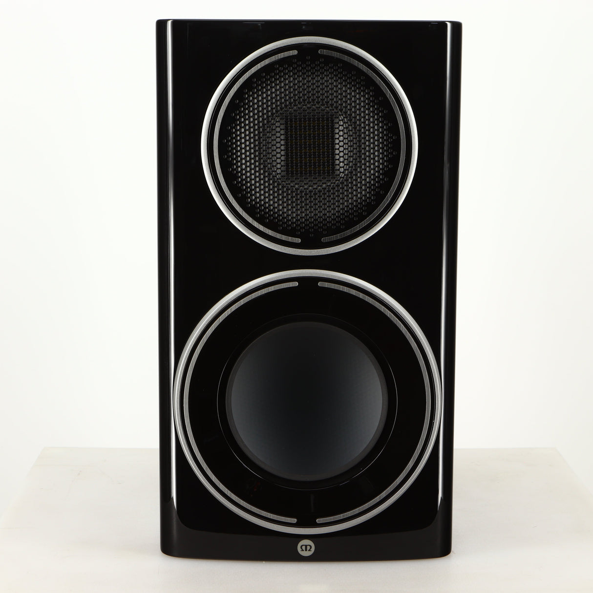 Front view of a used Monitor Audio Platinum PL100 III Standmount Speaker in a piano black finish
