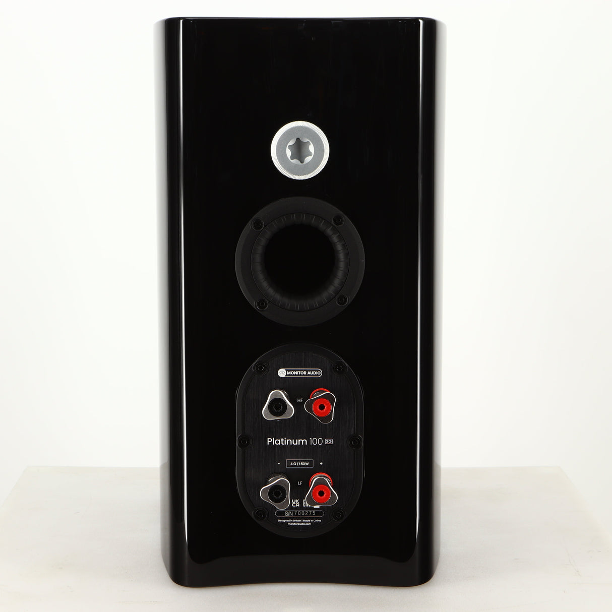 Rear view of a used Monitor Audio Platinum PL100 III Standmount Speaker in a piano black finish
