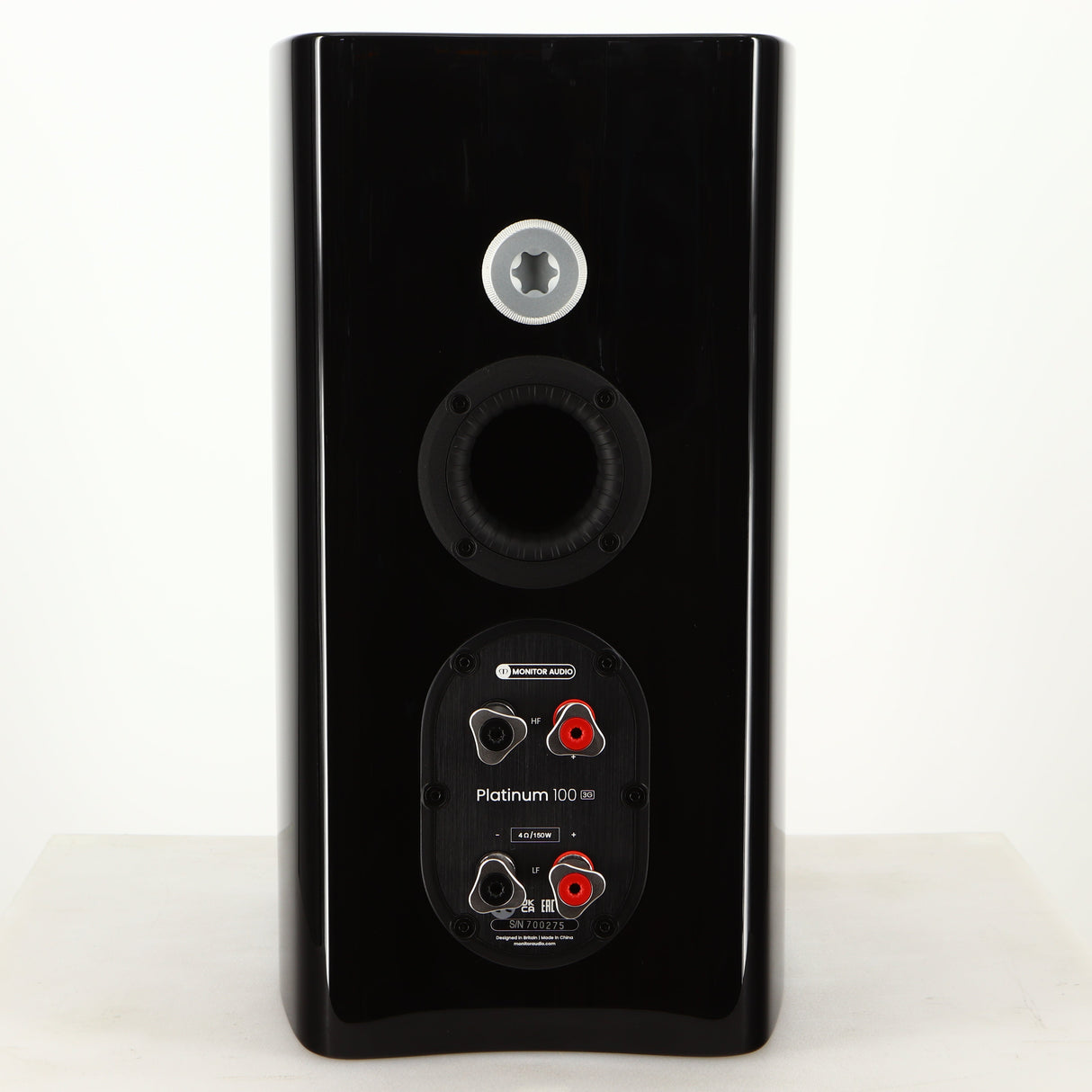 Rear view of a used Monitor Audio Platinum PL100 III Standmount Speaker in a piano black finish