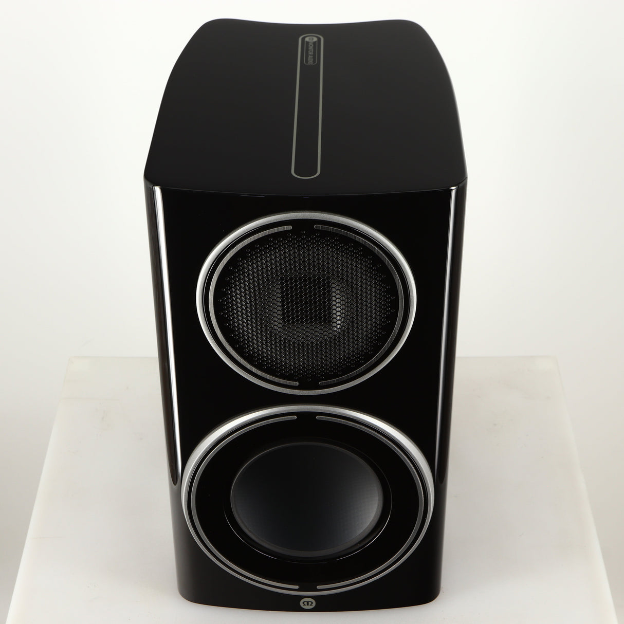 Top of a used Monitor Audio Platinum PL100 III Standmount Speaker in a piano black finish
