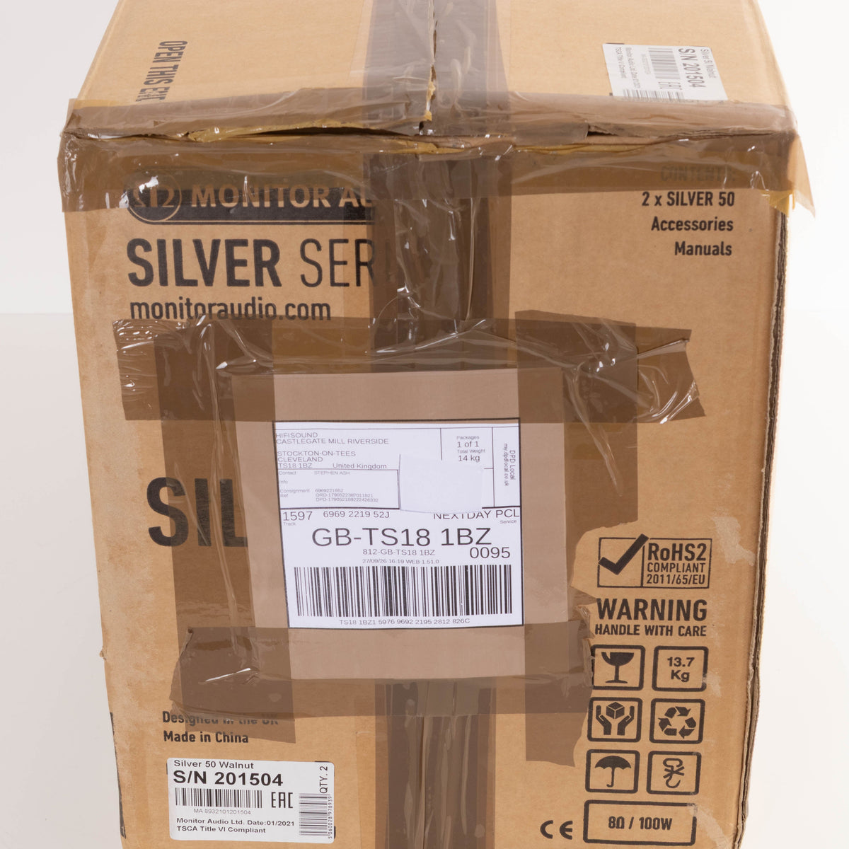 Box for used Monitor Audio Silver 50 6G Standmount Speakers in a Walnut finish