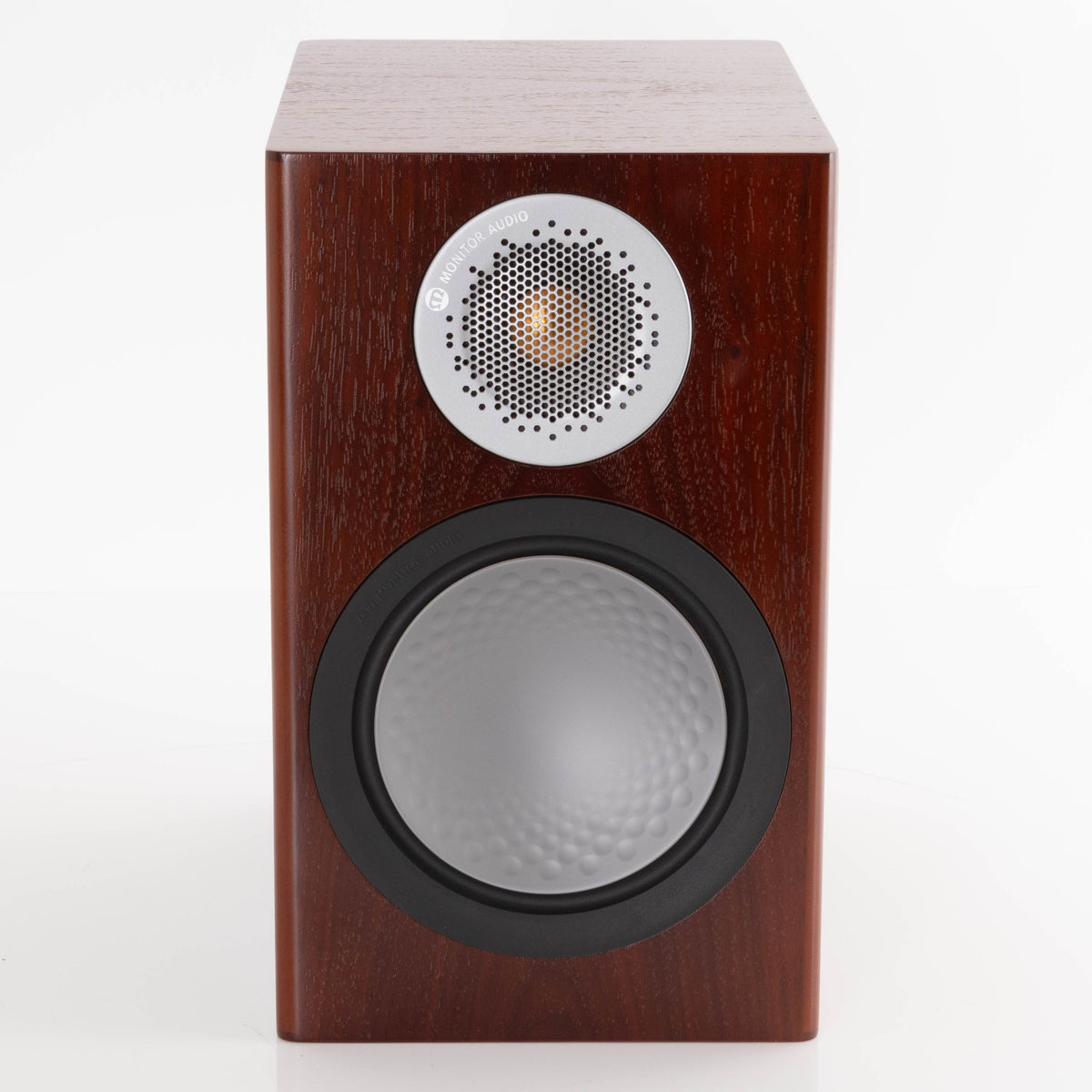 Front view of a used Monitor Audio Silver 50 6G Standmount Speaker in a Walnut finish