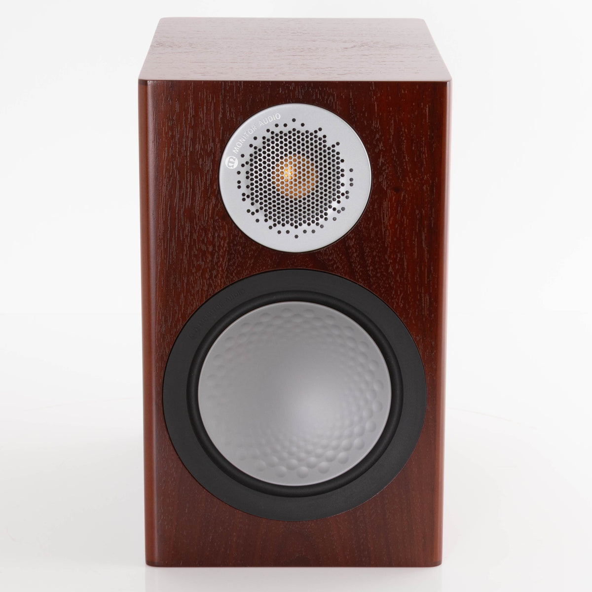 Front view of a used Monitor Audio Silver 50 6G Standmount Speaker in a Walnut finish