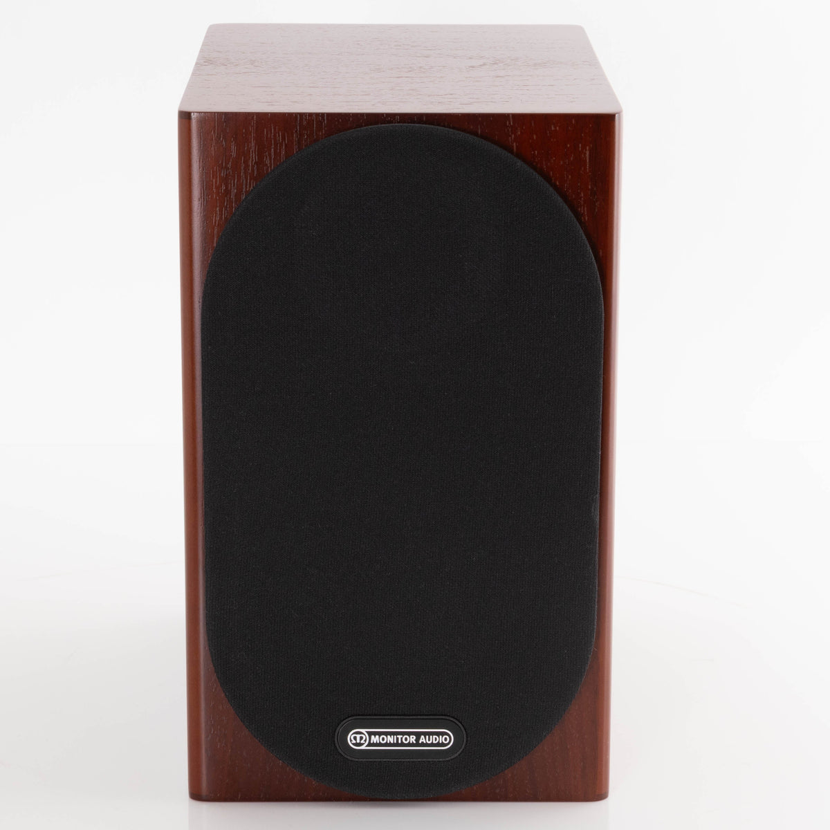 Front view of a used Monitor Audio Silver 50 6G Standmount Speaker in a Walnut finish showing Grille