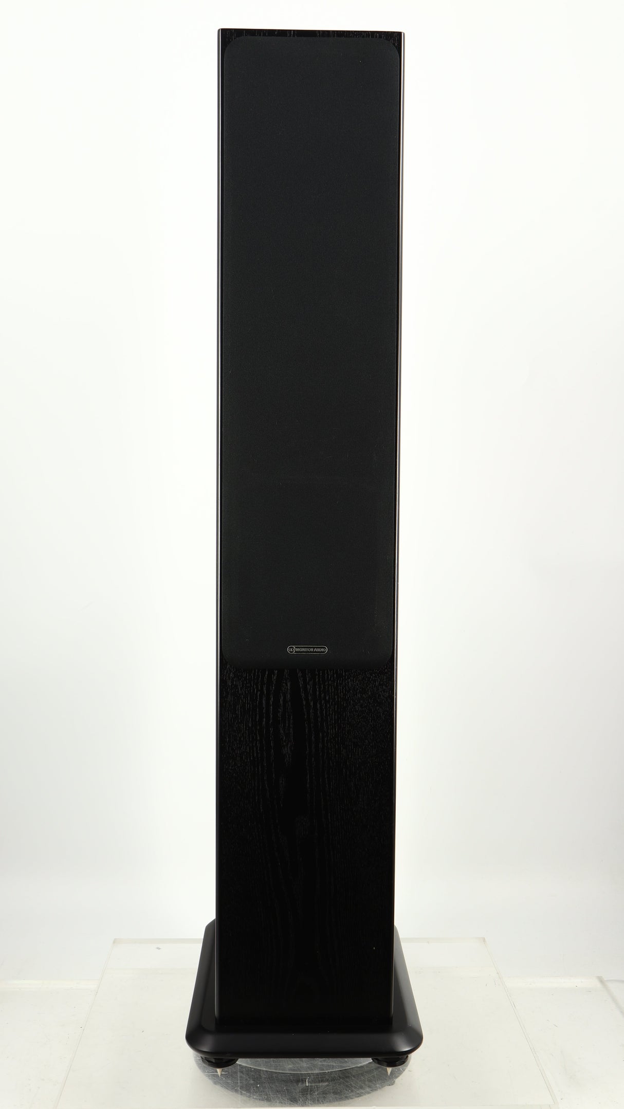 Front view of a used Monitor Audio Silver 8 Floorstanding Speaker in a black oak finish showing grille