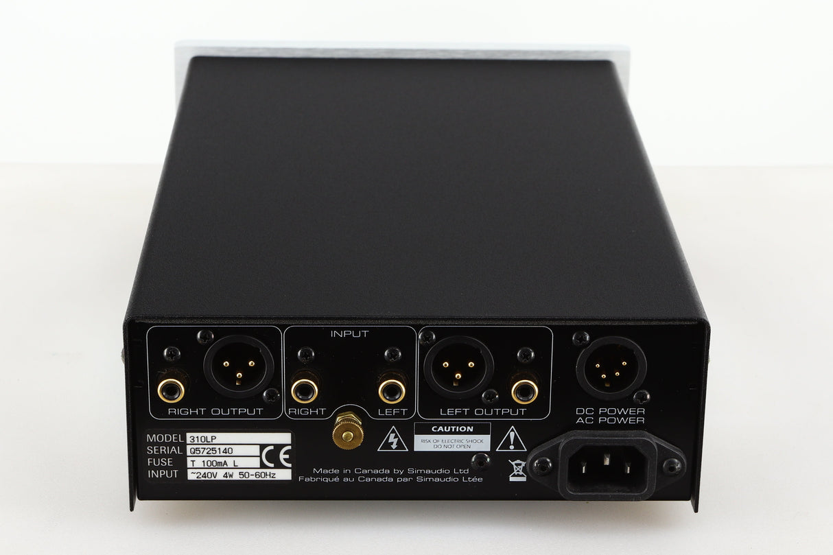 Rear view of a used Moon 310LP Phonostage in a silver finish showing Phono Inputs and Outputs and Mains Input