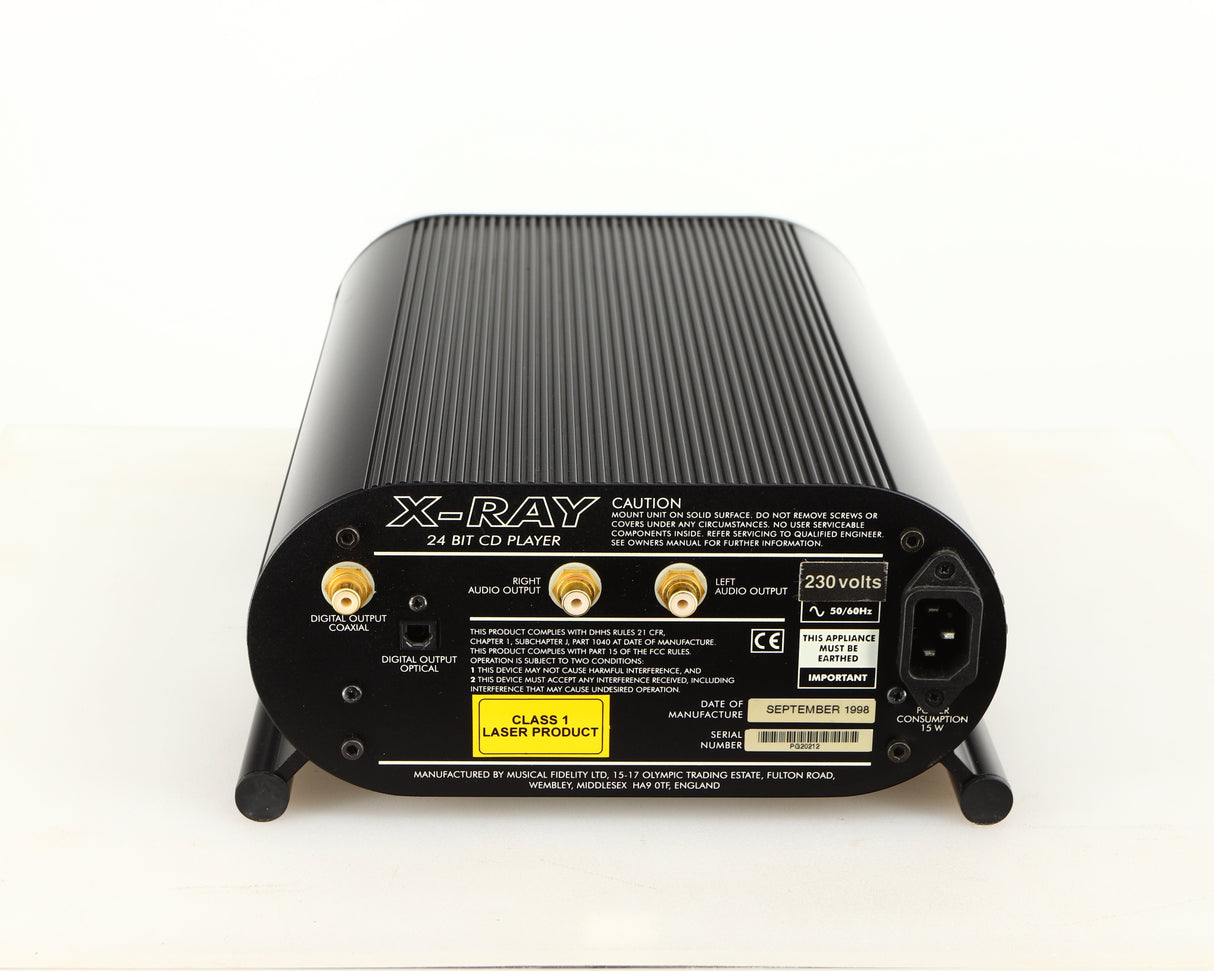 Rear view of a used Musical Fidelity X-Ray 24 Bit CD Player showing Phono Outputs, Mains Input and Optical Output
