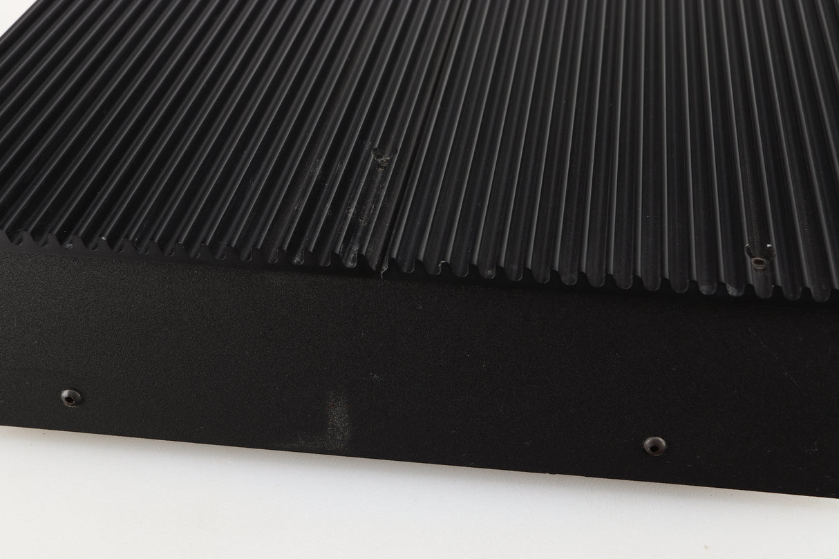 Close up of a used Musical Fidelity 3A Pre Amplifier in a black finish showing slight graze on right side
