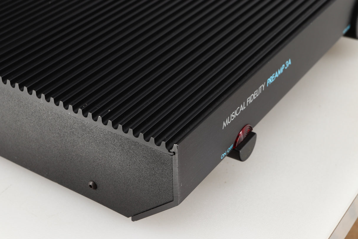 Front left corner of a used Musical Fidelity 3A Pre Amplifier in a black finish