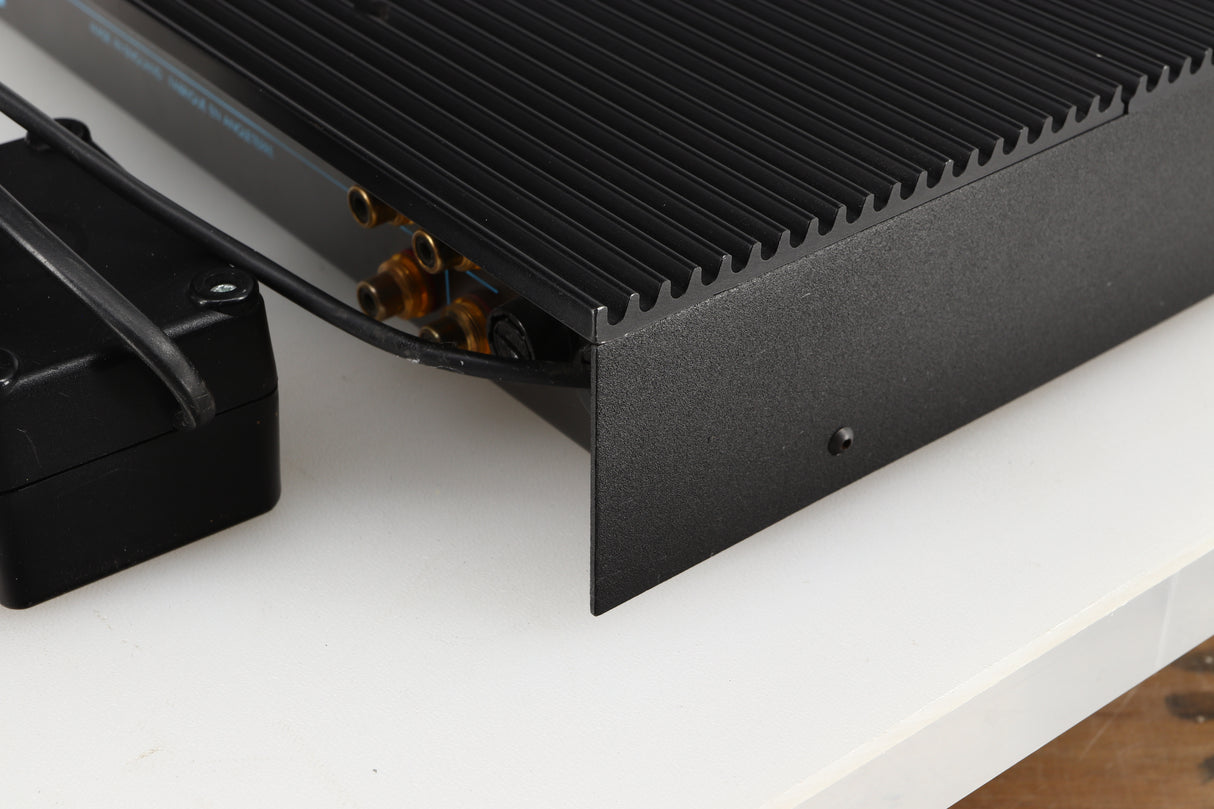 Rear left corner of a used Musical Fidelity 3A Pre Amplifier in a black finish