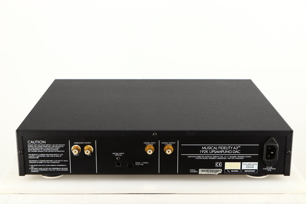 Rear view of a used Musical Fidelity A3 24 192 Upsampling DAC showing Mains Cable, Optical Output and Phono Outputs