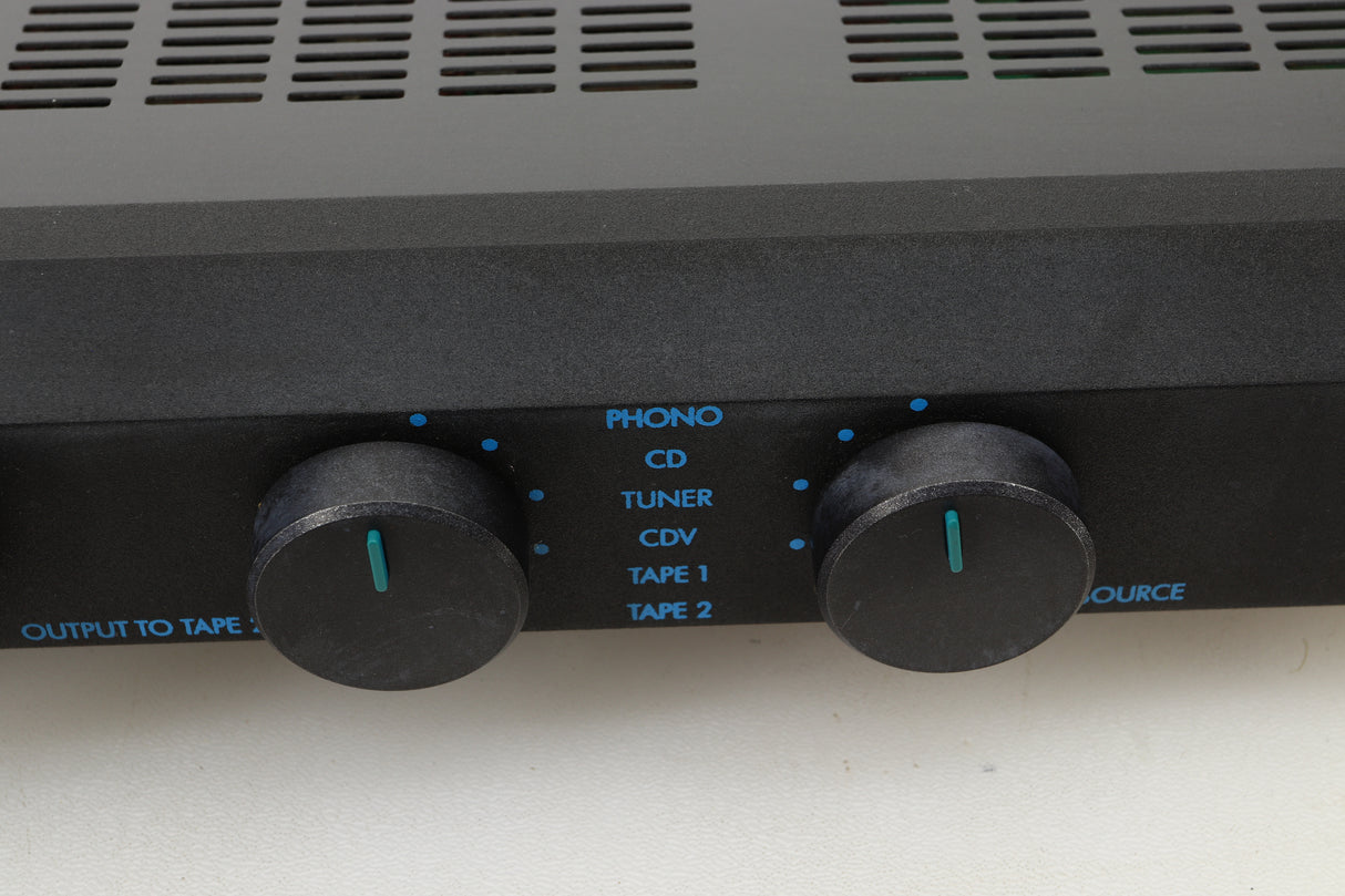 Close up view of a used Musical Fidelity B1 Integrated Amplifier showing discolouration