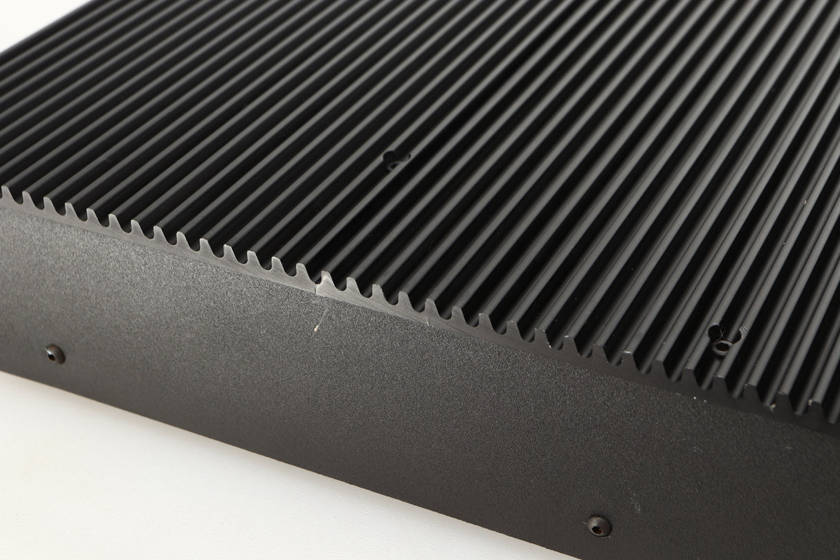 Close up of a used Musical Fidelity B200 Integrated Amplifier in a black finish showing scratch on right side