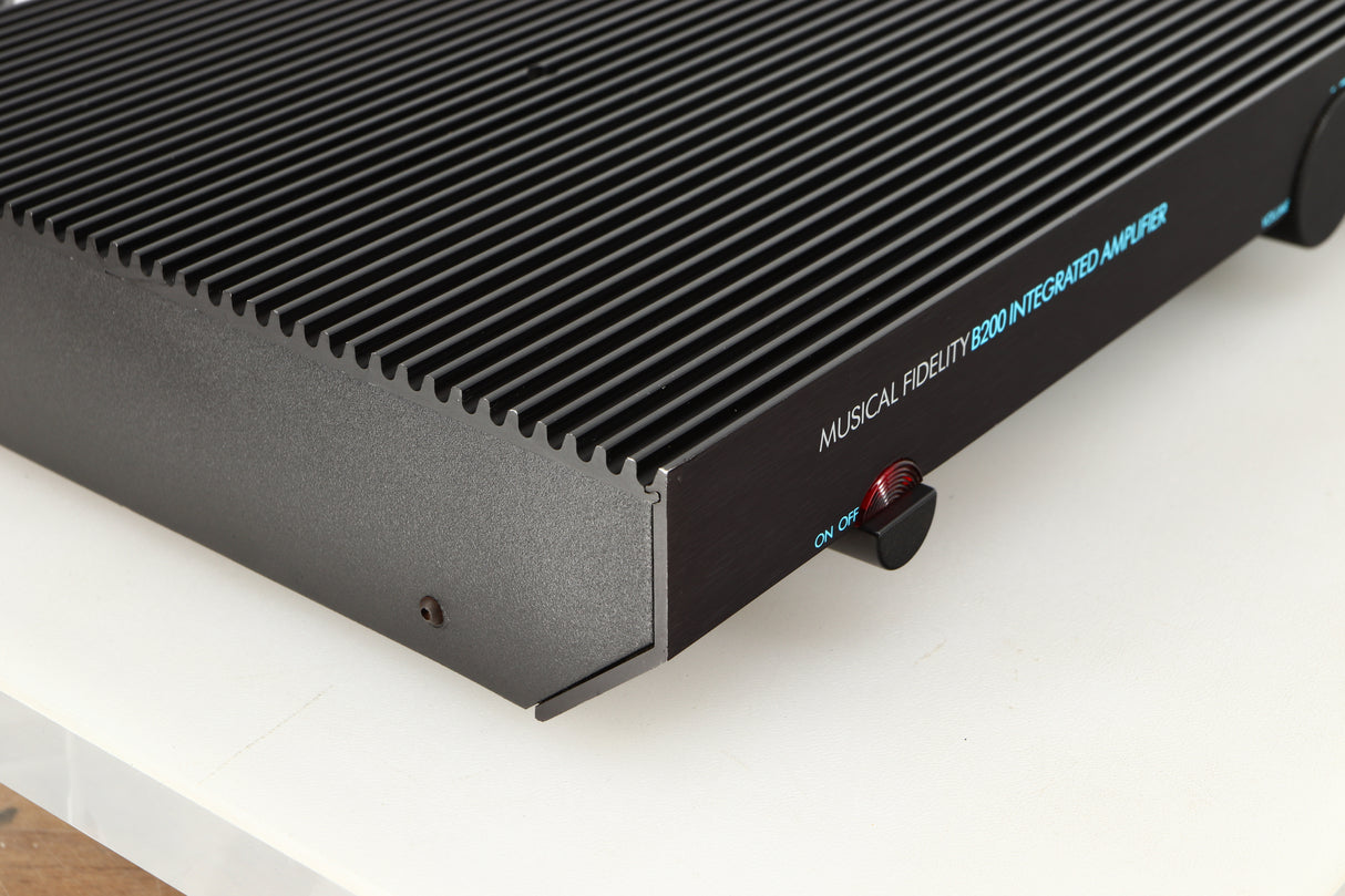 Front left corner of a used Musical Fidelity B200 Integrated Amplifier in a black finish