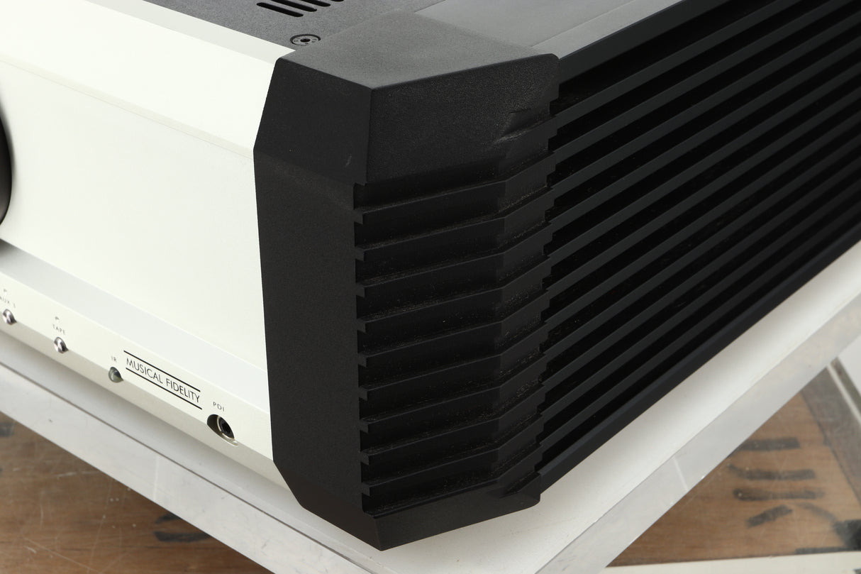 Front right corner view of a used Musical Fidelity KW550 Integrated Amplifier