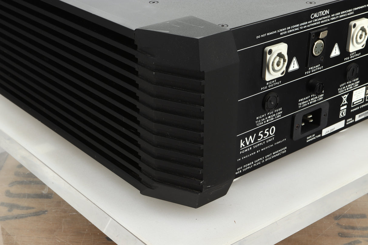 Rear left corner view of a used Musical Fidelity KW550 Integrated Amplifier Power Supply