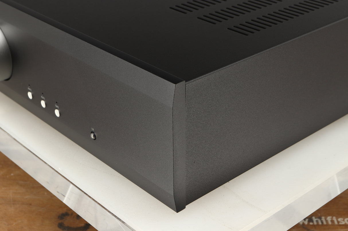 Front right corner of a used Musical Fidelity M2si Integrated Amplifier in a black finish