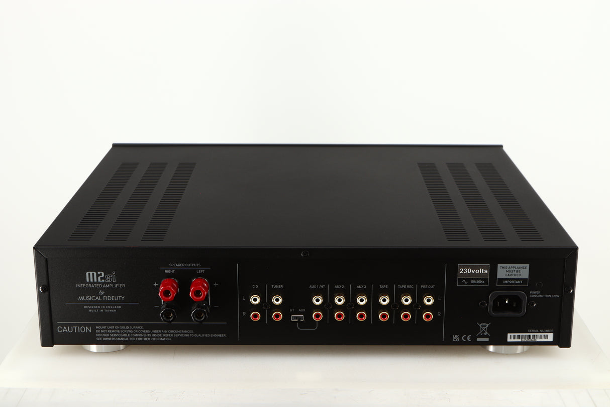 Rear view of a used Musical Fidelity M2si Integrated Amplifier in a black finish showing Speaker Outputs, Mains Input and Phono Outputs