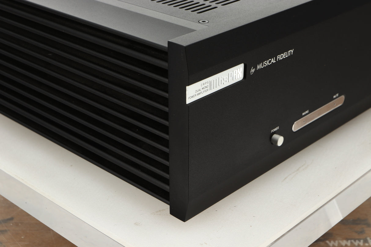 Front left corner view of a used Musical Fidelity M6PRX Power Amplifier in Black finish